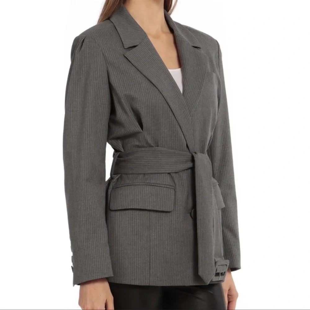 Avec Les Filles Belted Grey Pinstripe Blazer Jacket - Picture 1 of 14